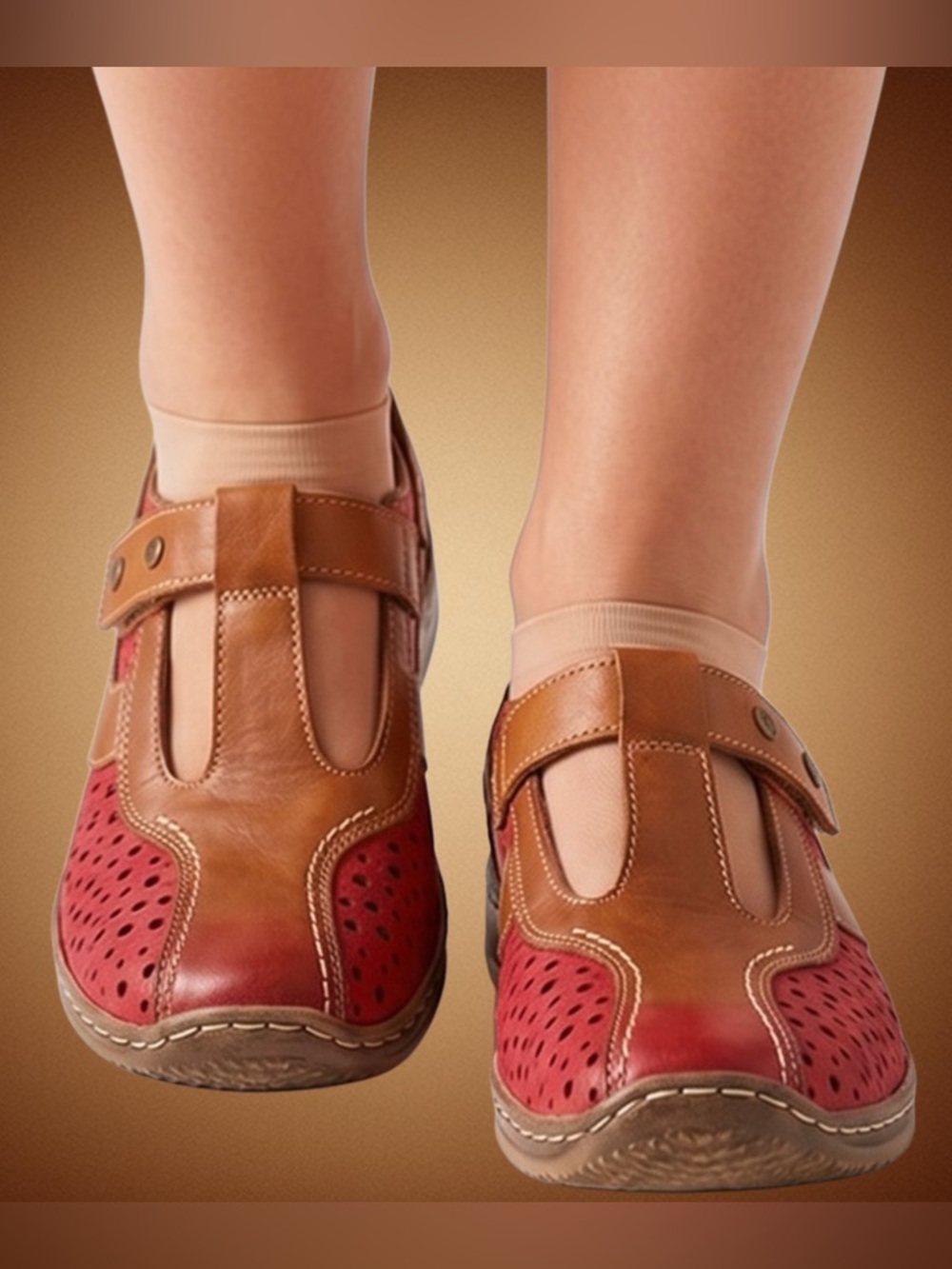 Rieker Antistress Women’s Leather Mary-Jane Adjustable Shoe Size 39 Red/Brown